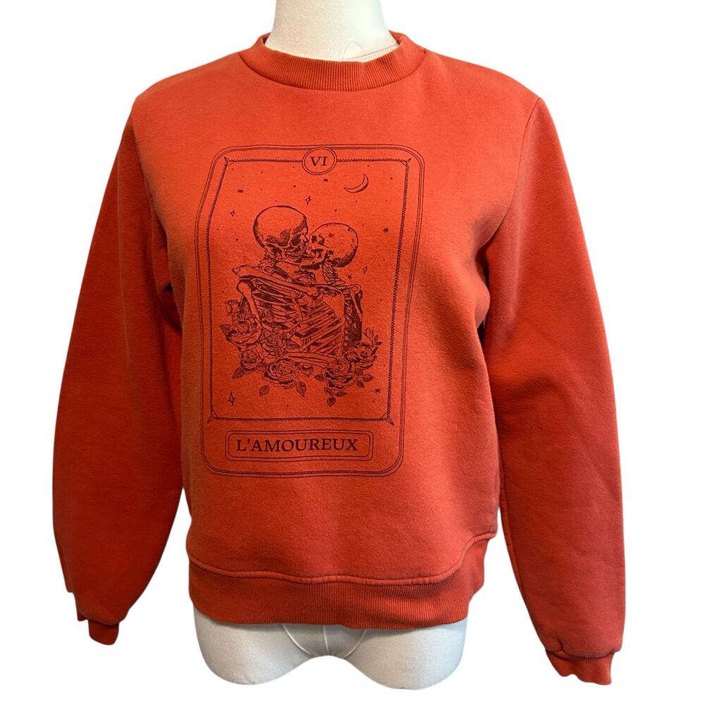 CROPP Sweatshirt SZ S Orange Skulls Kissing Cropped L'amoureux" Casual Boho Chic